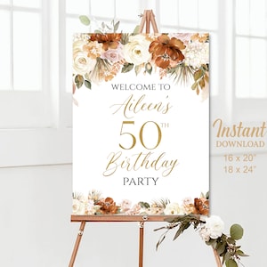 Willkommensschild zum 50. Geburtstag, bearbeitbare digitale Vorlage, gebranntes Orange, Blumen, jedes Alter, Geburtstagsparty-Dekorationen, personalisiertes Poster, Download 32