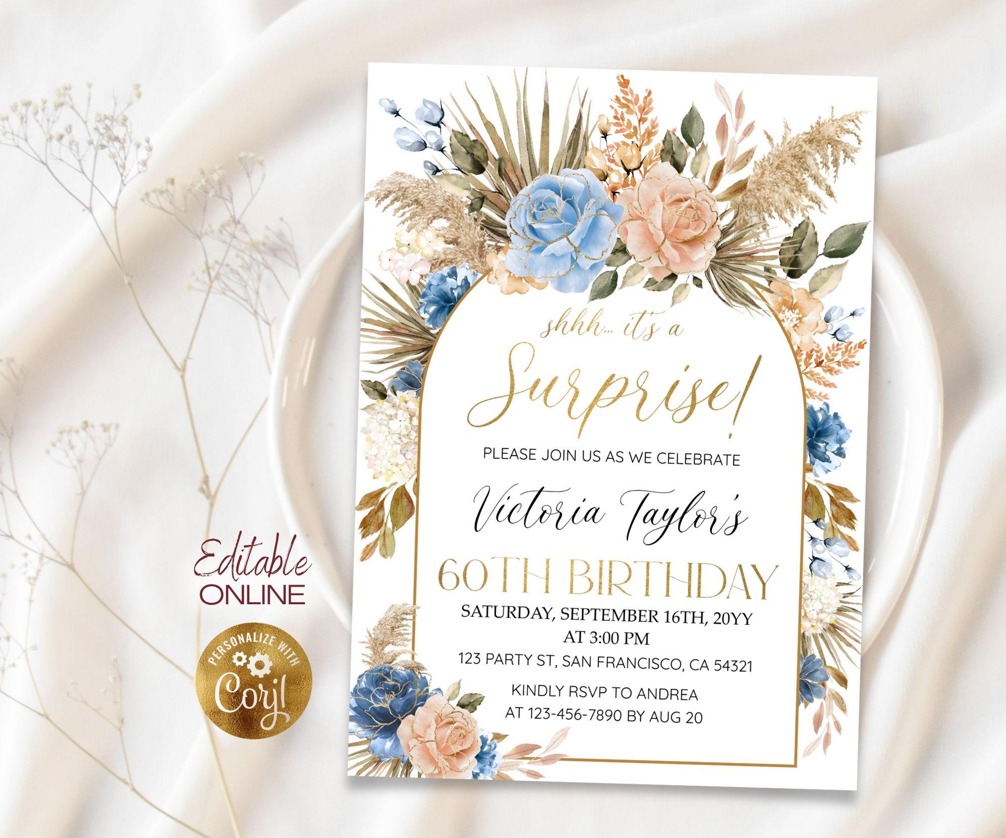 Editable 60th Surprise Birthday Invitation for Women, Blue Peach