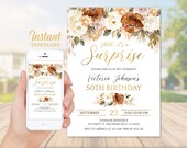 50th Surprise Birthday invitation for women, Burnt Orange Boho Floral Birthday Party Invite Any Age Shh it's a Surprise Digital Template a32