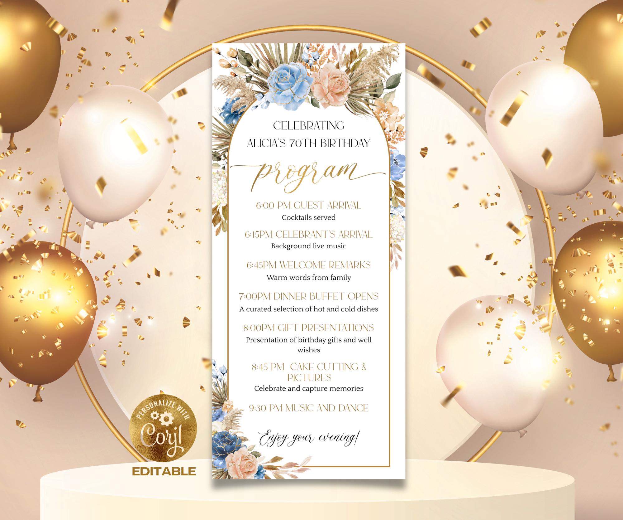 Editable Birthday Program Card Template, Dinner Party Itinerary Agenda ...