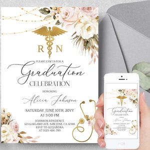 May include: A white and gold graduation invitation with a floral design and a stethoscope. The invitation says "Please join us for a Graduation Celebration honoring Alicia Johnson" and includes the date, time, and location of the event.