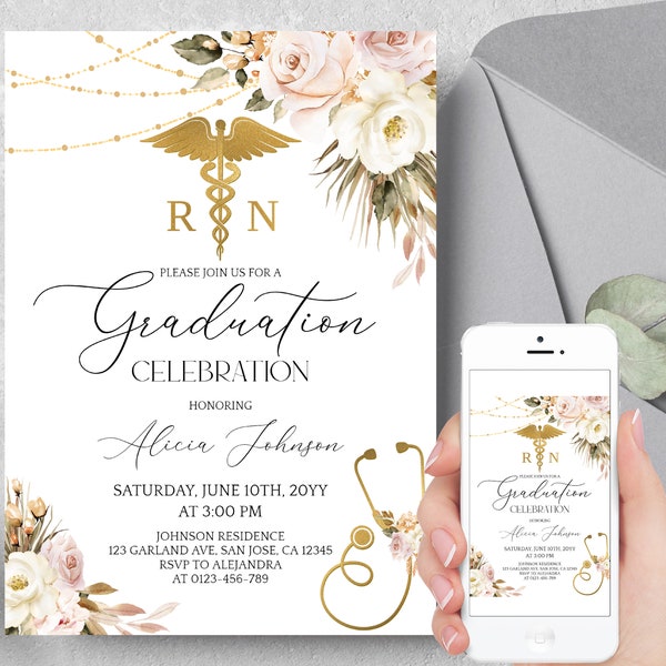Editable Nursing Graduation Invitation, Registered Nurse Invitation, RN invite, LVN Invite, Graduation Party Invitation Digital Download a14