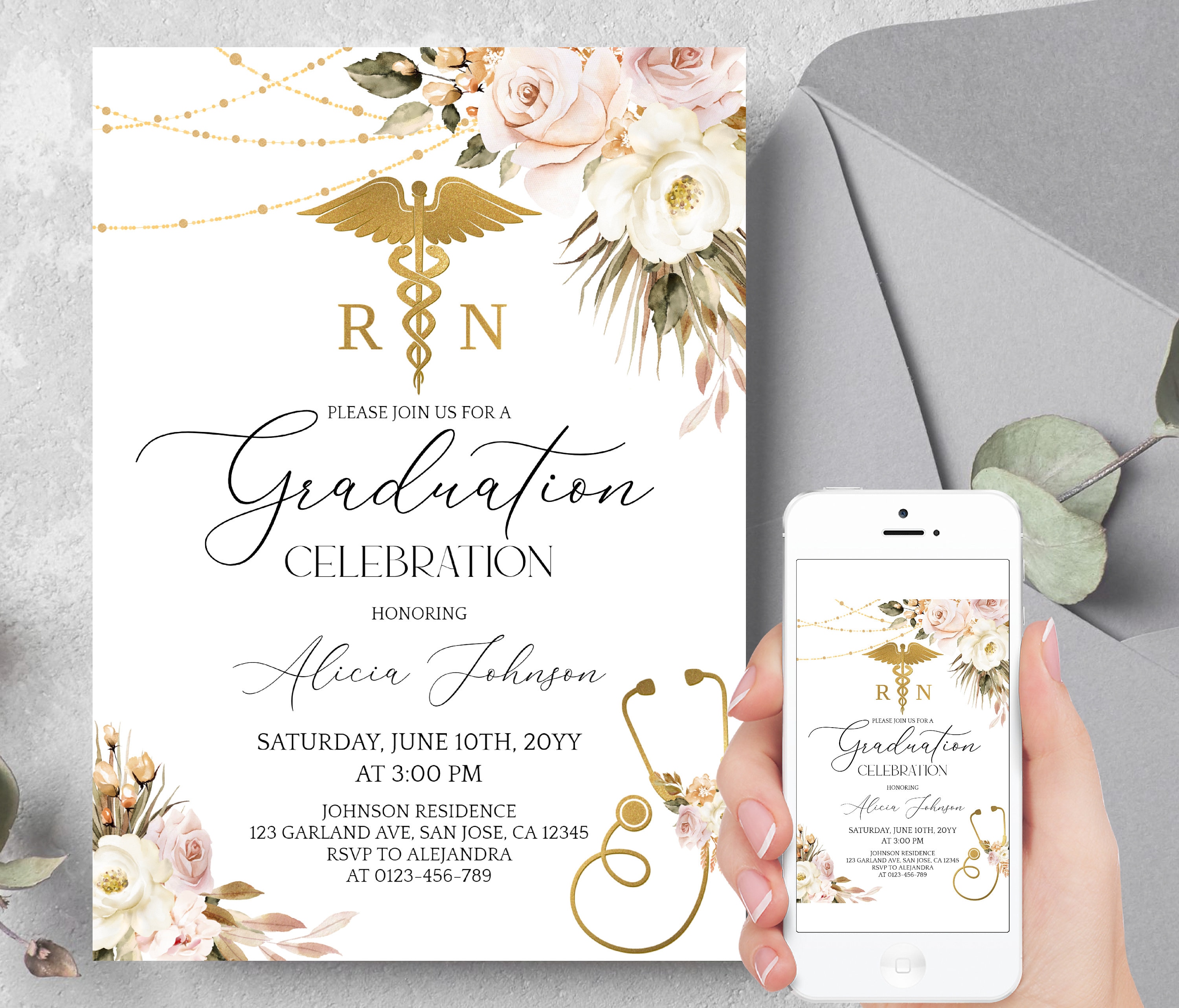 Editable Nursing Graduation Invitation, Registered Nurse Invitation, RN invite, LVN Invite, Graduation Party Invitation Digital Download a14
