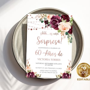 Fiesta de cumpleaños española editable Fiesta Sorpresa 60 Años Cumpleaños Invitación de 60 cumpleaños para mujer, Plantilla digital de invitación imprimible a19