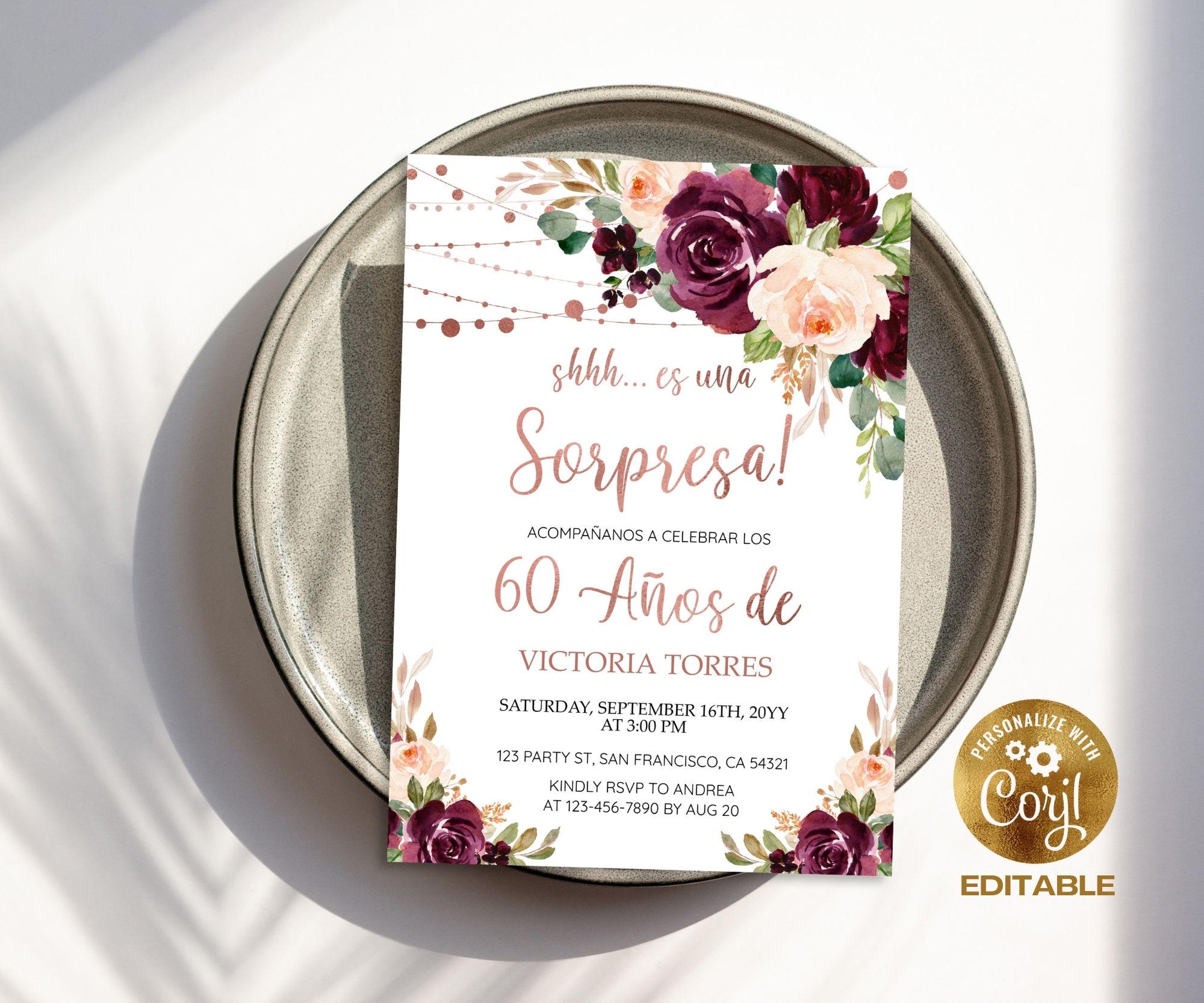 Editable Spanish Birthday Party Fiesta Sorpresa 60 Años Cumpleaños 60th Birthday invitation for women, Printable Invite Digital Template a19