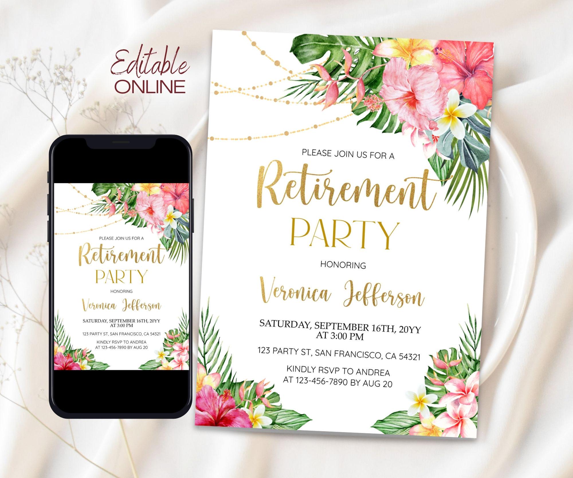 Editable Retirement Party Invitation for Women, Tropical Retirement ...