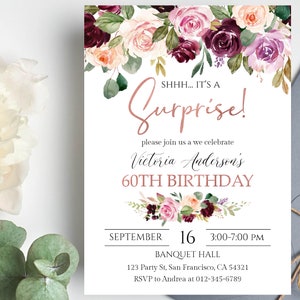 Surprise 60th Birthday invitation for women, Rose Gold Burgundy Floral, Birthday Party Invite Editable Template, Any Age, Printable a19