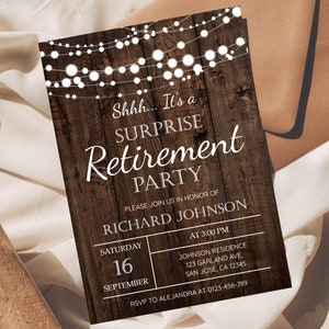 Inviti di pensionamento per gli uomini, Sorpresa Retirement Party invito Modello modificabile, Legno rustico, Digital Printable INSTANT DOWNLOAD a28
