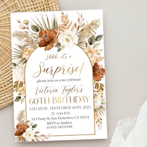 60th Surprise Birthday invitation for women, Boho Floral Birthday Party Invite Editable Template, Any Age, Printable Digital Template a19