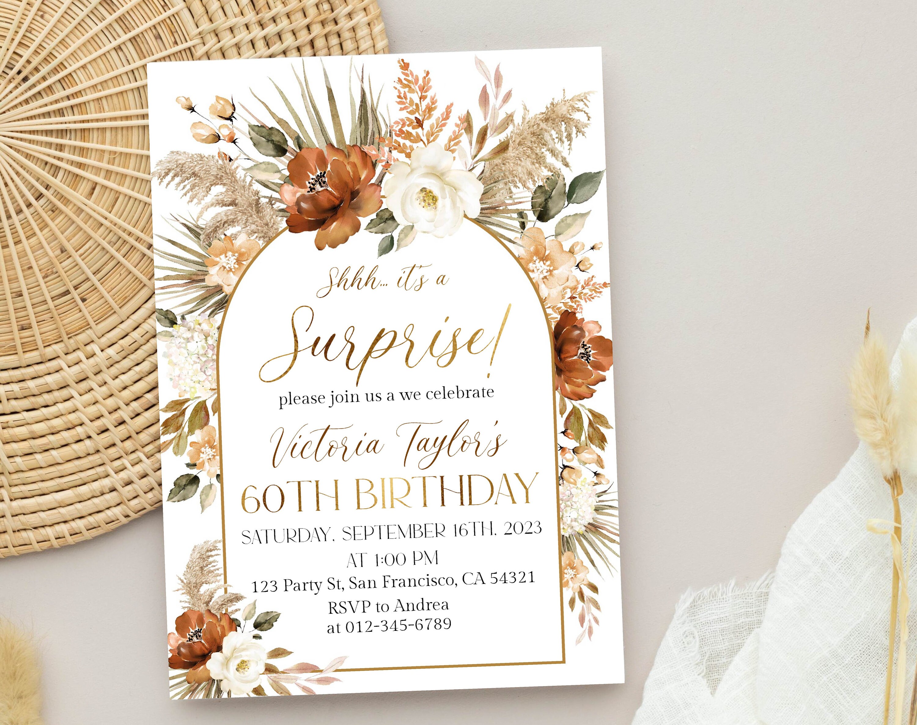 60th Surprise Birthday Invitation for Women, Boho Floral Birthday Party