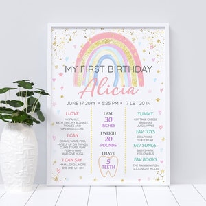 Rainbow First Birthday Milestone Sign Template Onederful 1st Birthday Sign Editable Milestones Board Birthday Party Decorations a35