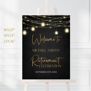 Panneau de bienvenue de fête de retraite Décorations de fête Élégant noir et or Affiche de bienvenue de retraite Modèle modifiable Téléchargement numérique 25