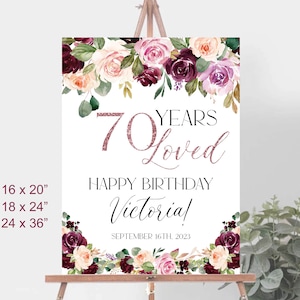 70 años amado, cartel de bienvenida de la fiesta de cumpleaños número 70 imprimible, cartel de bienvenida de la fiesta de cumpleaños floral rosa, decoraciones de fiesta de cumpleaños número 70 a19