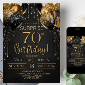 Editable 70th birthday Party invitation for women Any Age Adult Birthday Dinner invitation for men Digital Template, Black Gold Balloons a12