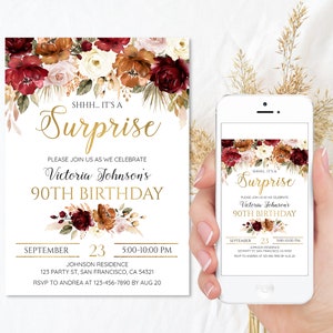 Surprise 90th Birthday invitation for women, Burnt Orange Burgundy Floral Invite Editable Template Any Age, Printable Digital a32