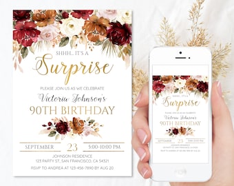 Surprise 90th Birthday invitation for women, Burnt Orange Burgundy Floral Invite Editable Template Any Age, Printable Digital a32