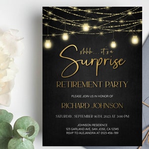 Modèle d’invitation surprise à une fête de retraite modifiable, dîner de retraite | Imprimable moderne, élégant noir et or, DIY Evite a25