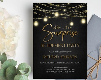 Editable Surprise Retirement Party Invitation Template, Retirement Dinner | Printable Modern, Elegant Black and Gold, DIY Evite a25