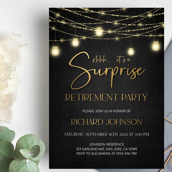 Editable Surprise Retirement Party Invitation Template, Retirement Dinner | Printable Modern, Elegant Black and Gold, DIY Evite a25