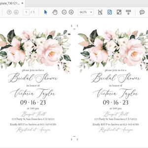 May include: A bridal shower invitation with a floral design in shades of pink and green. The invitation includes the text "Please join us for a Bridal Shower in honor of Victoria Taylor 09.16.23 at 3:00 pm Banquet Hall 123 Party St. San Francisco, CA 54321 Kindly RSVP to Andrea at 012-345-6789 Registered at Amazon"