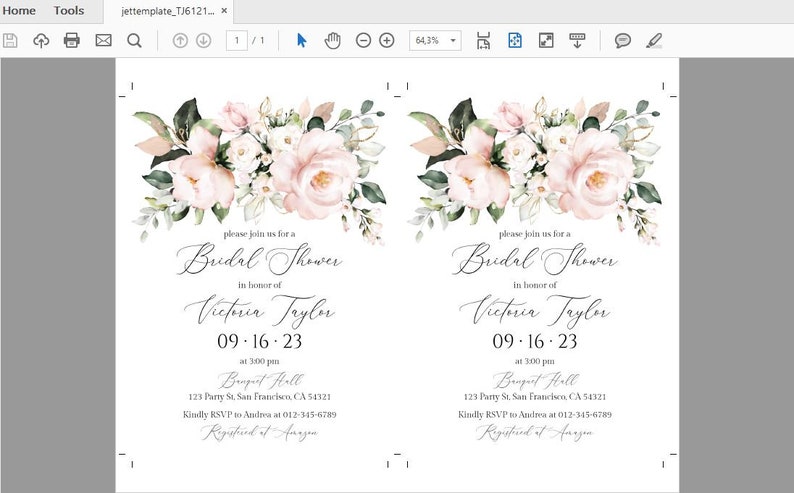 May include: A bridal shower invitation with a floral design in shades of pink and green. The invitation includes the text "Please join us for a Bridal Shower in honor of Victoria Taylor 09.16.23 at 3:00 pm Banquet Hall 123 Party St. San Francisco, CA 54321 Kindly RSVP to Andrea at 012-345-6789 Registered at Amazon"