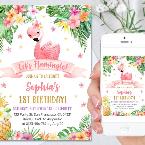 Invitation modifiable de fête d’anniversaire de fête de piscine de flamant rose, invitation d’anniversaire tropicale d’ananas Let’s Flamingle 1er anniversaire imprimable inviter a24