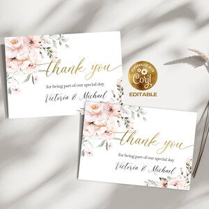 Plantilla editable para tarjetas de agradecimiento, caligrafía Rose Petal Gold, agradecimiento por aniversario de boda o cumpleaños, descarga digital Corjl a19