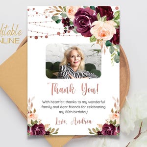 Bewerkbare verjaardagsbedankkaart met foto, elke leeftijd roségouden bloemen, bedankkaart voor volwassenen, bedankkaartjes sjabloon a19
