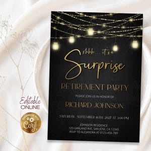 Editable Surprise Retirement Party Invitation Template, Retirement Dinner | Printable Modern, Elegant Black and Gold, DIY Evite a25 image 1