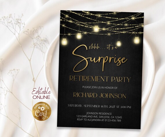 Editable Surprise Retirement Party Invitation Template, Retirement Dinner | Printable Modern, Elegant Black and Gold, DIY Evite a25