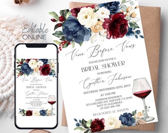 Wine Bridal Shower Invitation Template, Vino Before Vows Wine Tasting Bridal Sprinkle Invite, Burgundy Floral Editable Invite DIY Evite a41