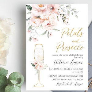 May include: A bridal shower invitation with a floral design and a gold outline of a champagne flute. The text reads "Petals and Prosecco" and includes the bride's name, date, time, and RSVP information.