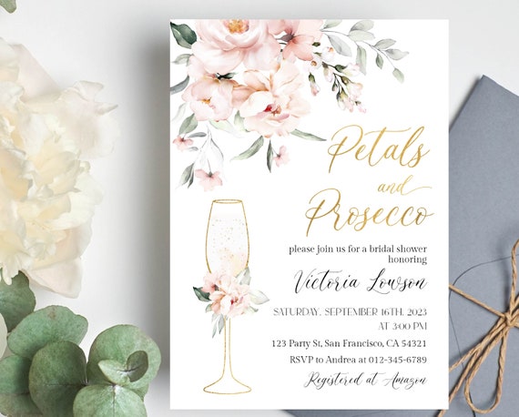 Petals and Prosecco Bridal Shower Invitation, champagne bridal shower invites, Wedding Shower, Boho Floral bridal luncheon, Printable a18