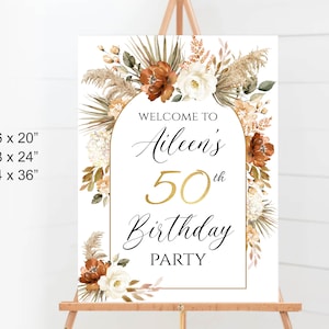 Birthday Welcome Sign, Fall Boho Floral Personalized Welcome Sign, 50th Birthday Sign Editable Template Any age, Digital Download a19