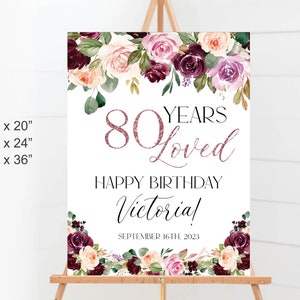 80 años amado, cartel de bienvenida de la fiesta de cumpleaños número 80 imprimible, cartel de bienvenida de la fiesta de cumpleaños floral rosa, decoraciones de fiesta de cumpleaños número 80 a19