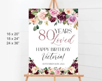80 Years Loved, 80th Birthday Party Welcome Sign Printable, Pink Floral Birthday Party Welcome Poster, 80th Birthday Party Decorations a19