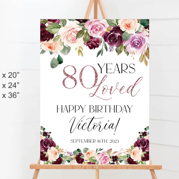 80 ans aimés, 80e anniversaire fête signe de bienvenue imprimable, affiche de bienvenue de fête d'anniversaire floral rose, 80e décorations de fête d'anniversaire a19