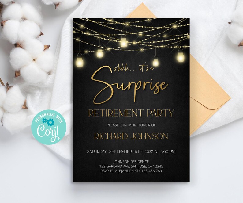 Editable Surprise Retirement Party Invitation Template, Retirement Dinner | Printable Modern, Elegant Black and Gold, DIY Evite a25 image 4