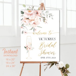 Signo de bienvenida de despedida de soltera, pétalos florales rosados y signo de bienvenida de Prosecco, decoraciones de despedida de soltera Plantilla digital editable a18