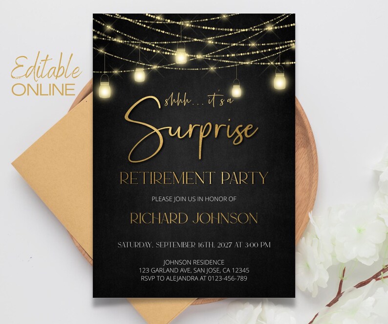 Editable Surprise Retirement Party Invitation Template, Retirement Dinner | Printable Modern, Elegant Black and Gold, DIY Evite a25 image 6