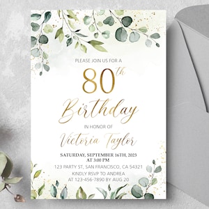 Invitación de cumpleaños número 80 para mujeres, Plantilla editable digital de invitación a fiesta de cumpleaños que puede editar para cualquier edad, Greenery Gold, Imprimible 26