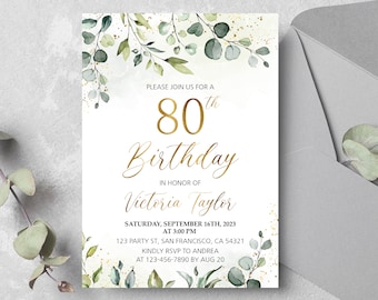 80th birthday invitation for women, Birthday Party Invite Digital Editable Template you can edit it for any age, Greenery Gold, Printable 26