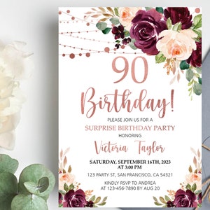 Invitation du 90e anniversaire pour les femmes modèle modifiable, Floral Surprise Birthday Party Invite Digital, Any Age, Printable Instant Download a19