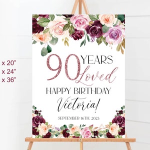 90 ans aimés, 90e anniversaire fête signe de bienvenue imprimable, affiche de bienvenue de fête d'anniversaire floral rose, 90e anniversaire décorations a19