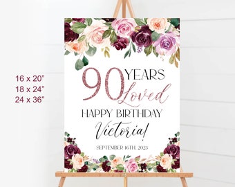 90 Years Loved, 90th Birthday Party Welcome Sign Printable, Pink Floral Birthday Party Welcome Poster, 90th birthday decorations a19