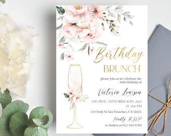 Birthday Brunch Invitation editable template, 50th birthday invitation, Any Age, Pink Floral brunch Invite Printable Digital Template a18