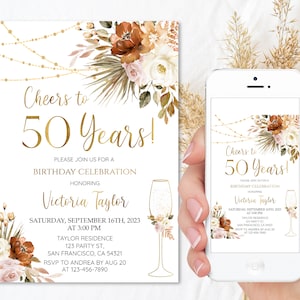 Cheers to 50 Years, 50th Birthday invitation for women Floral Birthday Party Invite Editable Template Adult Birthday Celebration Invites a11