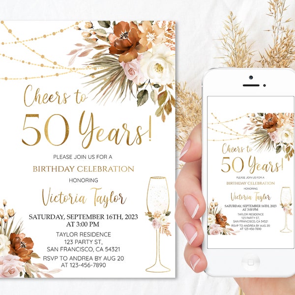 Cheers to 50 Years, 50th Birthday invitation for women Floral Birthday Party Invite Editable Template Adult Birthday Celebration Invites a11