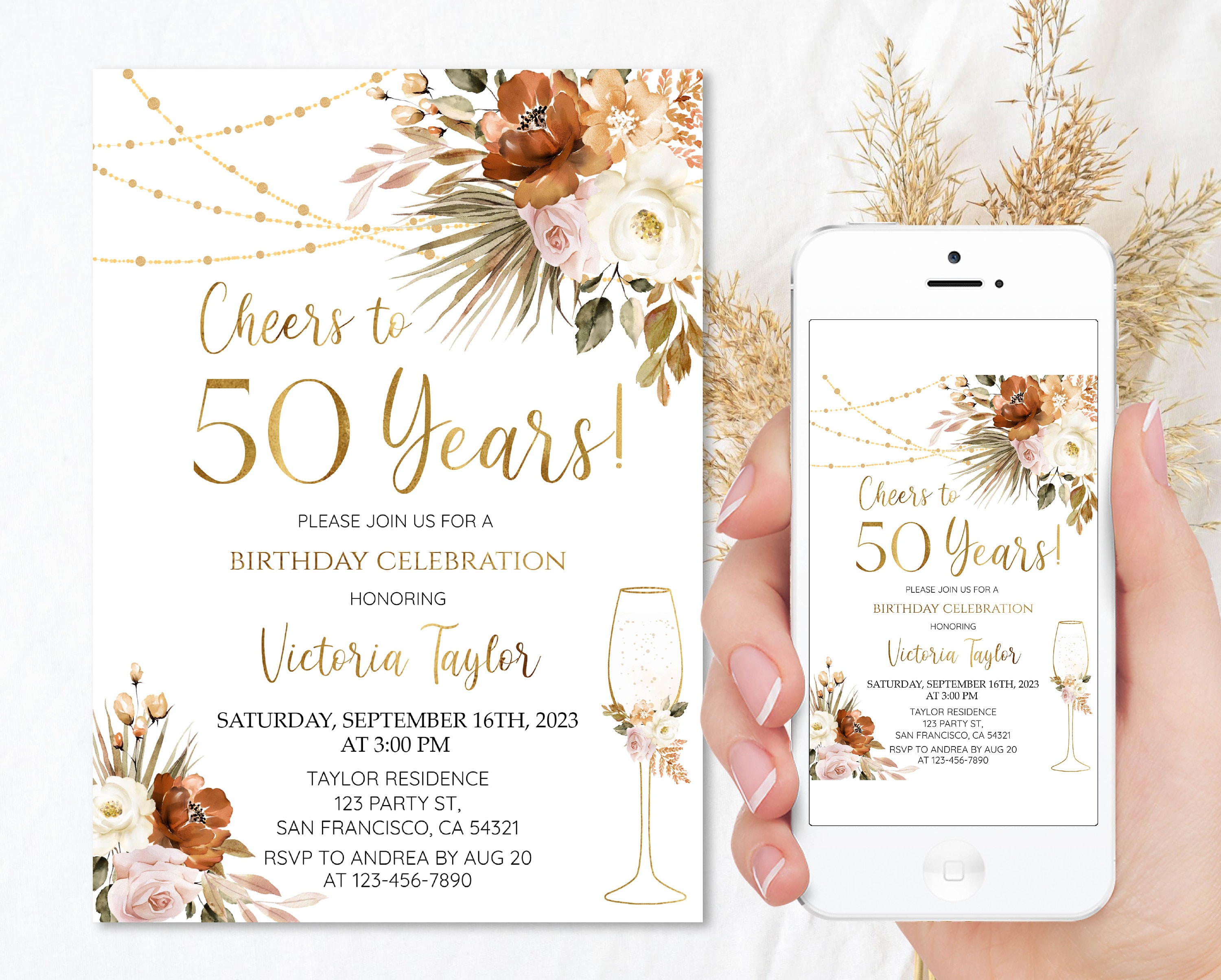 Cheers to 50 Years, 50th Birthday invitation for women Floral Birthday Party Invite Editable Template Adult Birthday Celebration Invites a11