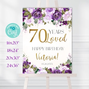 70 años de amor, cartel de bienvenida imprimible para fiesta de cumpleaños número 70, póster de bienvenida con flores moradas, decoraciones para fiesta de cumpleaños número 70 43